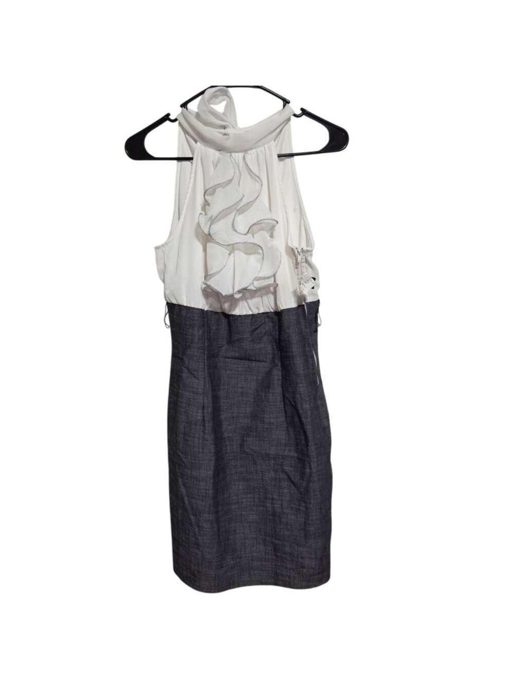 Modern Chic Dress Size 9 Ruffled Front Tie Back Side Zip Two Tone Blouson